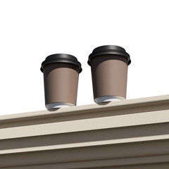 Two disposable coffee cups with dark lids placed on a beige ledge, minimalistic 3D Rendering style, isolated on white background, mockup concept
