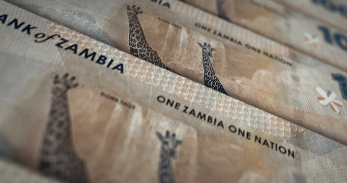 Zambia kwacha Zambian money banknote loop. 100 ZMW money texture. Concept of economy, business, crisis, banking, recession, debt and finance. Moving over note loopable seamless 3d.