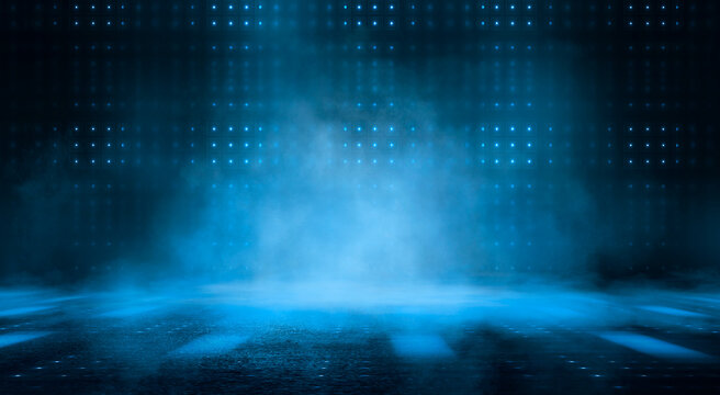 Dark night scene over water, fog over dark ocean water, dark surface, neon light, reflections on the water. Fantasy night water scene.