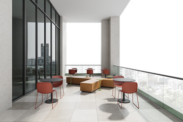 Contemporary balcony terrace with red chairs and round tables, modern minimalist style, on white background, concept of outdoor cafe interior, 3D Rendering