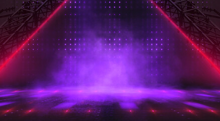 Empty stage with bright red neon lights and smoke. Red spotlights, beams, and glare in a dark, dramatic studio.