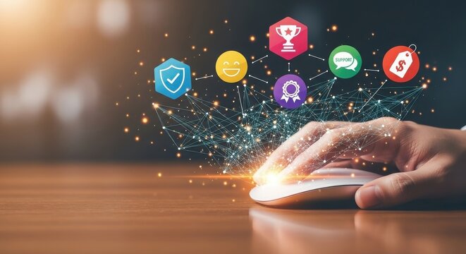 Digital hand using mouse, connecting to network of online service and concept icons