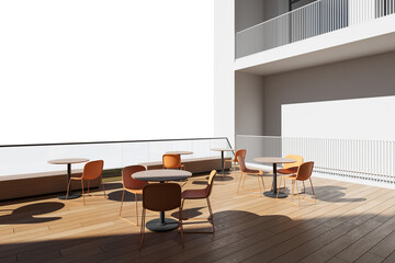 Modern exterior balcony with round tables and orange chairs, clean architectural style, white isolated background, 3D Rendering, concept of outdoor seating