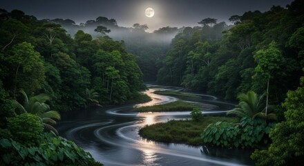 Lush rainforest scene at night with a winding river and the moon shining through the mist