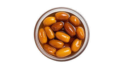 Overhead view of pickled oblong objects in a glass container