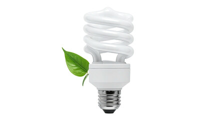 CFL bulb with green leaf, against a dark background