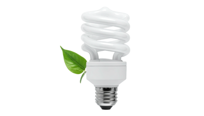 CFL bulb with green leaf, against a dark background
