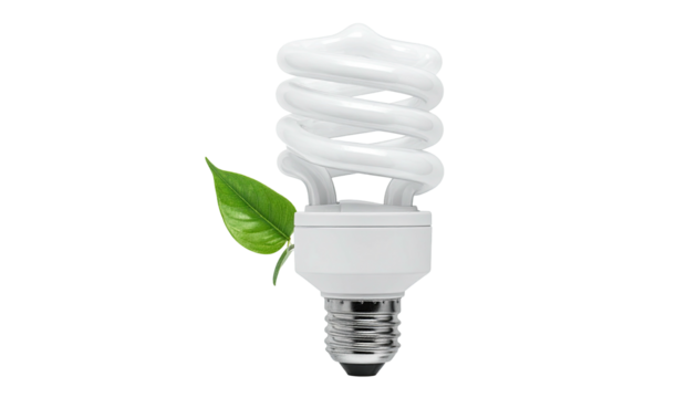 CFL bulb with green leaf, against a dark background