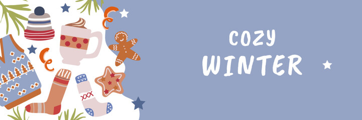  Christmas background . Flat vector illustration with Christmas gingerbread, caramel, hot drinks.