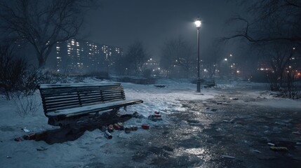 Obraz premium Snowy park benches illuminated by streetlights at night during winter