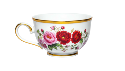 Tea cup with red, pink roses, gold trim, white background