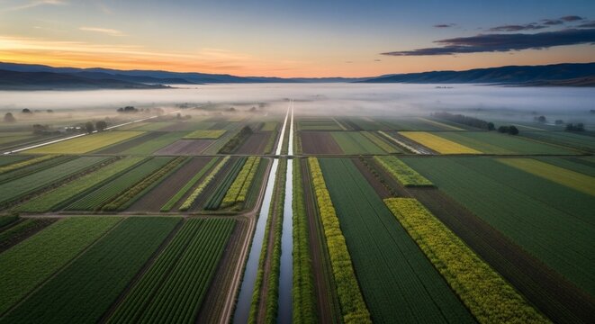Aerial view of cultivated fields and waterways, sunrise over a misty landscape