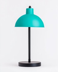 Obraz premium Modern Minimalist Teal Desk Lamp with Black Stand on White Background for Home or Office Decor