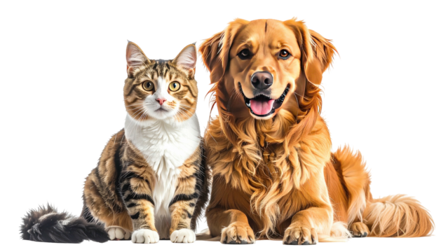 Golden dog and tabby cat sit side-by-side