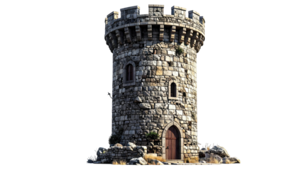 Stone tower fortress with crenellations against a black background