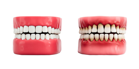 3D Rendering of two human teeth models with gums, isolated on white background, showing difference between clean and stained teeth for dental care concept