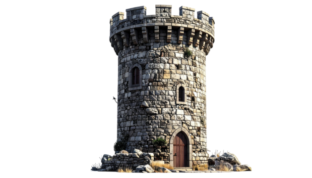 Stone tower fortress with crenellations against a black background