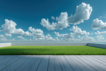 Natural stage with concrete surface and green lush lawn for product demonstration.