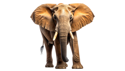 Majestic elephant strides forward, posed against a void background