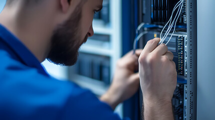 Focused IT Engineer Connecting Cables in Server Room. Tech professional managing data center infrastructure, ensuring network connectivity and data flow.
