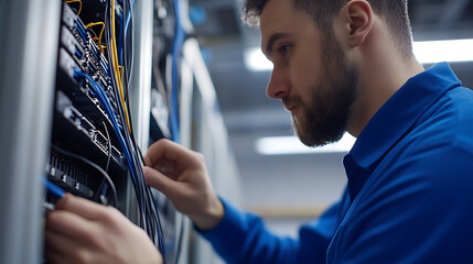 Focused technician meticulously manages cables in a server room, ensuring optimal network functionality and reliable data infrastructure, essential for seamless operations.