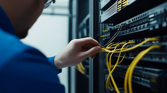 A technician manages yellow cables in a server room. The scene features neat organization and a focus on network infrastructure, emphasizing data management and tech support.
