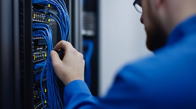 A technician works on a server rack in a data center, connecting and managing network cables. He wears a blue shirt and glasses while maintaining the communication infrastructure.