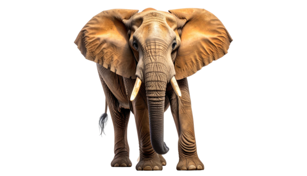 Majestic elephant strides forward, posed against a void background