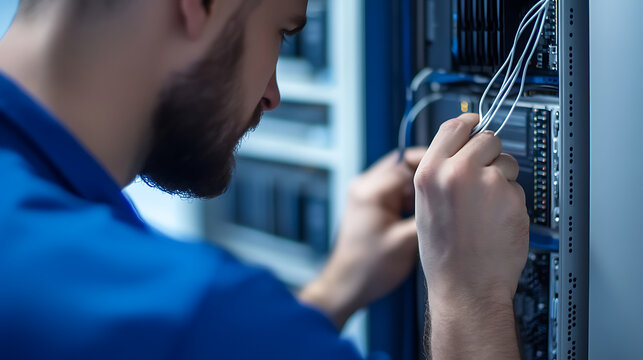 Focused IT Engineer Connecting Cables in Server Room. Tech professional managing data center infrastructure, ensuring network connectivity and data flow.