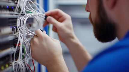Fototapeta premium Technician meticulously connects and configures network cables within a data center, ensuring seamless connectivity & optimal performance of server infrastructure.