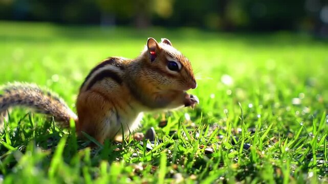 Close up of a chipmunk foraging in green grass on a sunny day