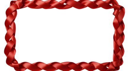 Red satin ribbon braided into a rectangular frame border for holiday marketing and design isolated PNG with Transparent Background