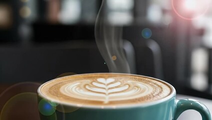 Steaming Latte Art: Close-Up of a Heart-Shaped Design in a Teal Mug with Bokeh - Powered by Adobe