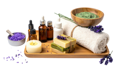Spa tray with oils, soaps, salts, and lavender arrangements