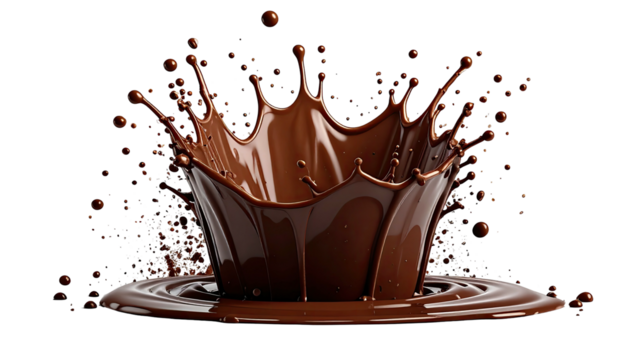 Chocolate splash forms a crown, droplets mid-air, dark background