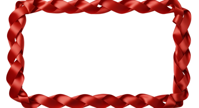 Red satin ribbon braided into a rectangular frame border for holiday marketing and design isolated PNG with Transparent Background