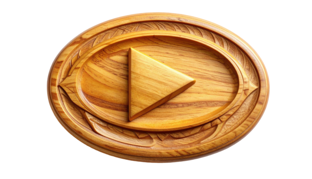Wooden play button carving with ornate oval frame, dark background
