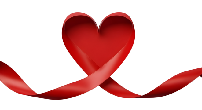 Elegant red ribbon forming a heart shape, isolated romantic symbol for Valentine's Day design isolated PNG with Transparent Background