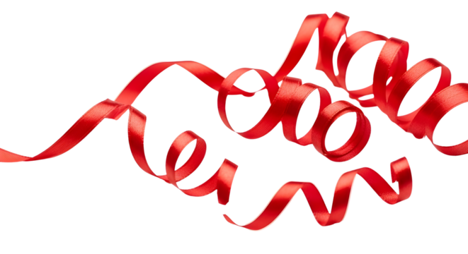 Shiny red curling ribbon isolated for Christmas or birthday gift decoration isolated PNG with Transparent Background