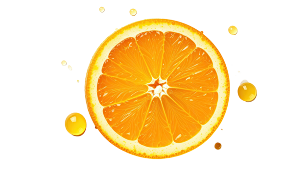 Sliced orange with juice drops isolated on a black backdrop