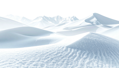 Snowy landscape with soft, rolling dunes and mountains beyond
