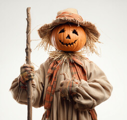 Obraz premium The pumpkin-headed scarecrow stands out against the background