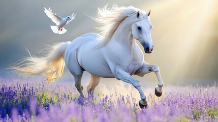 Majestic White Horse Running Through Lavender Field, Sunrise Background, For Animal Posters, Prints, Nature Photography