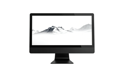 Computer monitor displaying grayscale mountain range image
