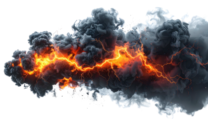 Dark cloud with bright lightning streak across, on black