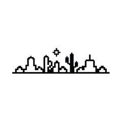 Obraz premium Pixel Art Cityscape Silhouette with Sun and Cacti on White Background