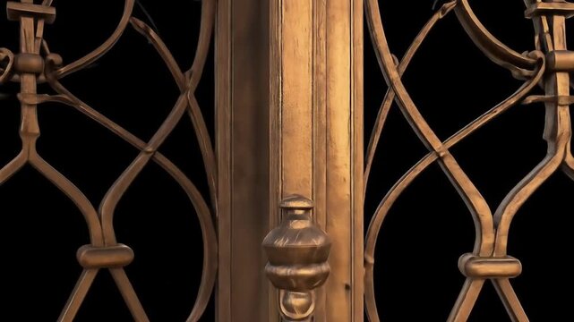 Ornate metalwork door design in warm, golden tones against a black backdrop