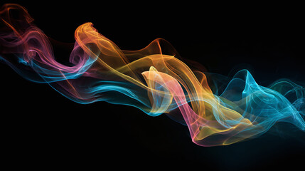 Abstract flowing colorful smoke with the black background. The image has a dreamy aesthetic, with a sense of movement and energy
