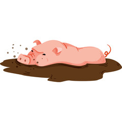 Pink Pig Lying in Mud with Dirt Splashes on White Background