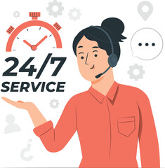 24/7 service agent with headset and clock icon Keywords: service, customer, support, 24/7, hours